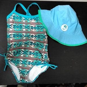 Turquoise Southwestern Tribal Printed Swimsuit with Floppy Dual Color Bucket Hat